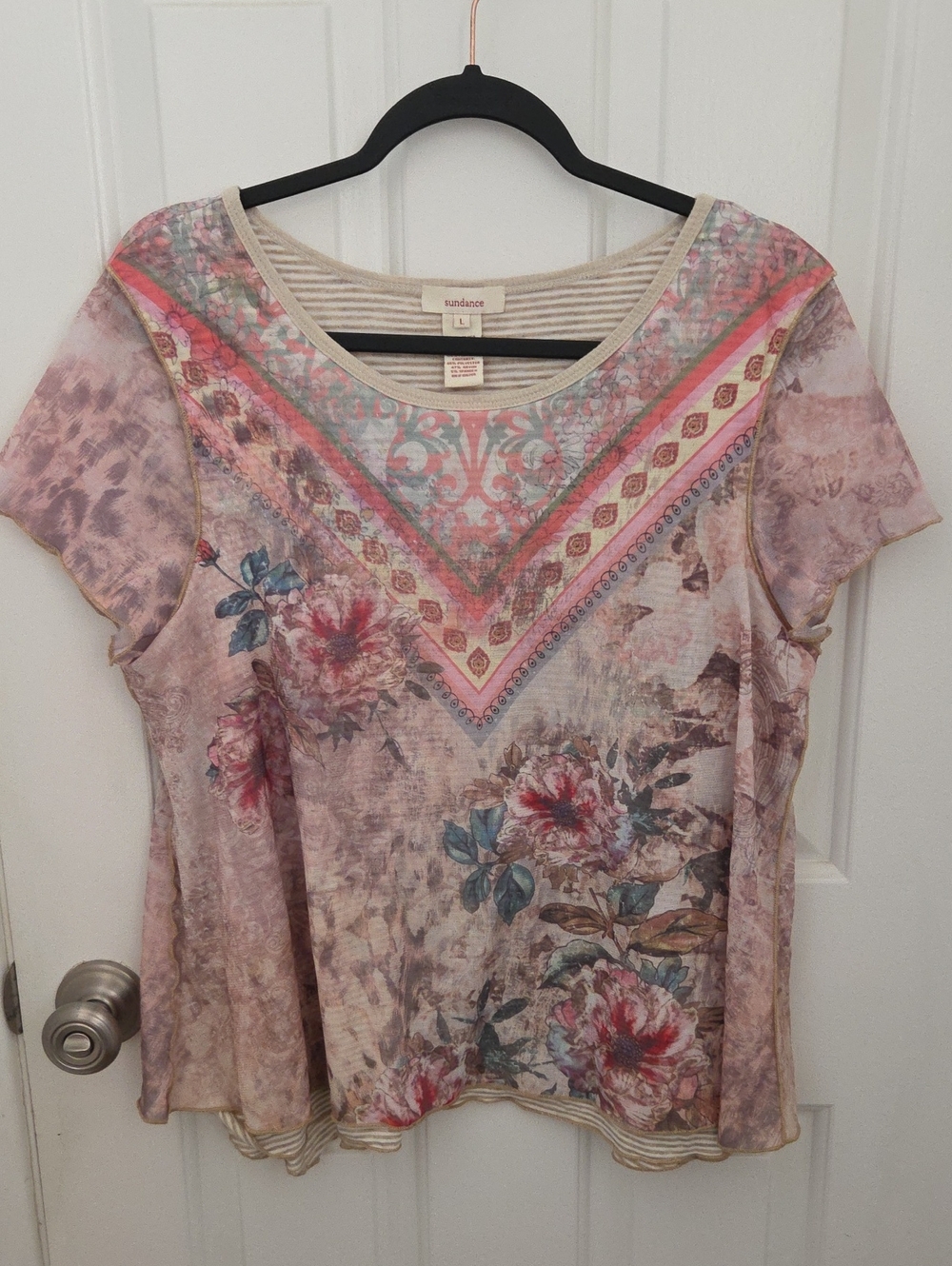 Sundance Pink Floral V-Neck Short Sleeve Tee